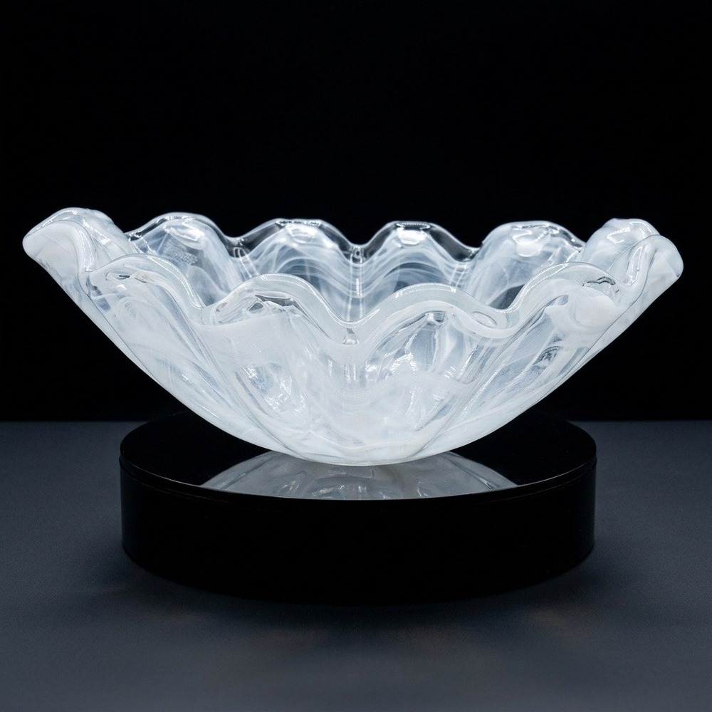 Vintage Murano Style Italian Hand-Blown Art Glass Bowl Wavy Rim Opalescent White
